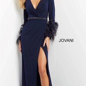 Jovani Midnight Blue Long Sleeve Gown with Feather Details